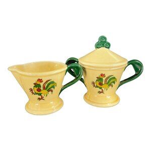 Metlox Poppytrail Green Rooster Creamer and Sugar Bowl with Lid Made in the USA